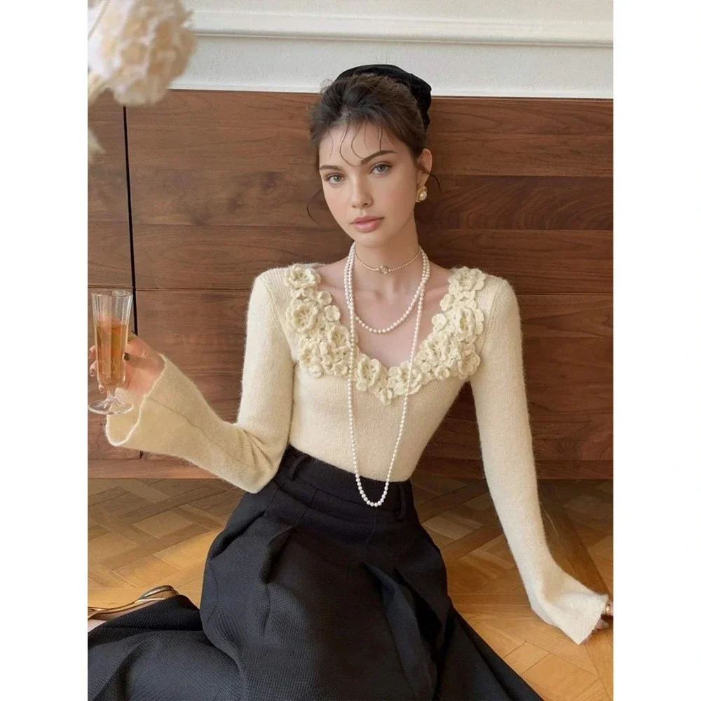 Commense Chic Cream Crochet Flower Trim V Neck Long Sleeve Crop Sweater Top L
